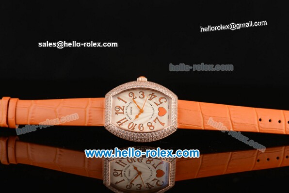 Franck Muller Heart Swiss Quartz Rose Gold Case with Orange Leather Strap Diamond Bezel and White Dial - ETA Coating - Click Image to Close